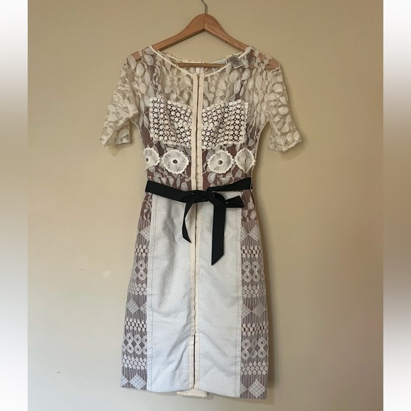Anthropologie White Lace Midi Dress with Black Bow Byron Lars **see pictures** - Picture 4 of 15